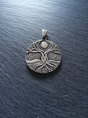 Round Gaia Tree of Life Pendant Stainless Steel Double Sided 42x37x3mm