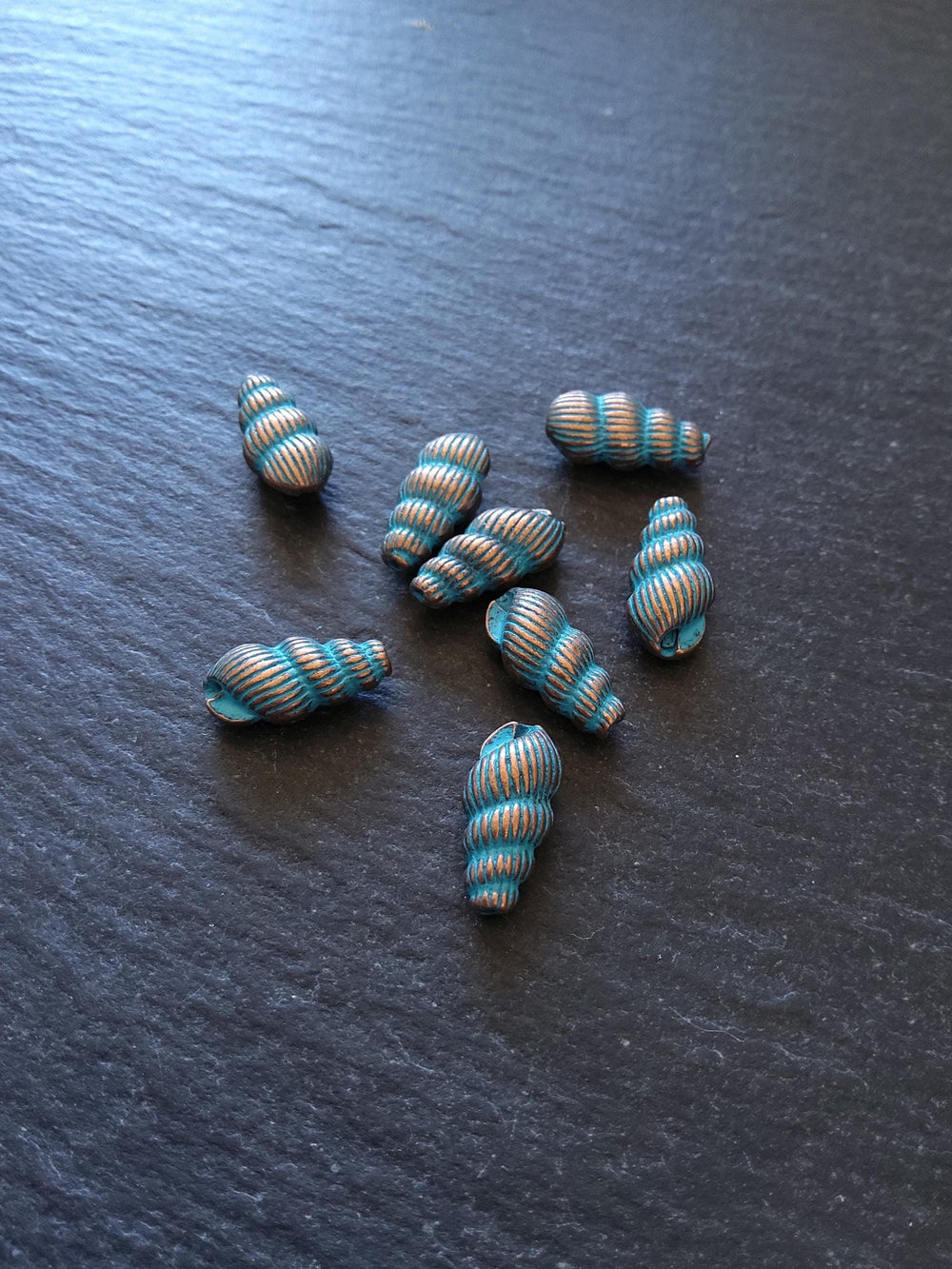 6 or 30 Sea Shell Snail Beads 15x7mm Antique Copper with Blue Patina