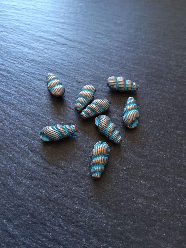 6 or 30 Sea Shell Snail Beads 15x7mm Antique Copper with Blue Patina