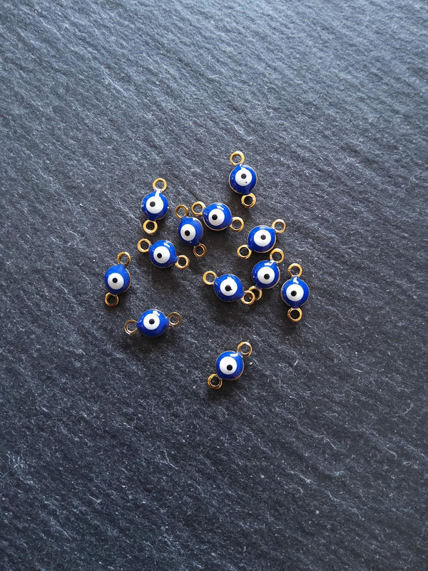 4 or 20 Double Sided Evil Eye Connector Charms Gold Plated Stainless Steel with Blue & White Enamel 9x4.5x2.7mm