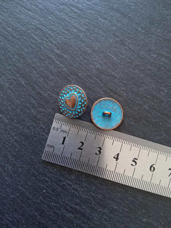 6 or 30 Round Heart Shank Buttons Antique Copper Tone Alloy with Blue Patina 18mm Diameter