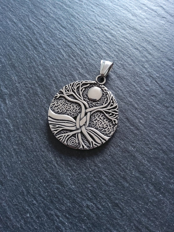 Round Gaia Tree of Life Pendant Stainless Steel Double Sided 42x37x3mm