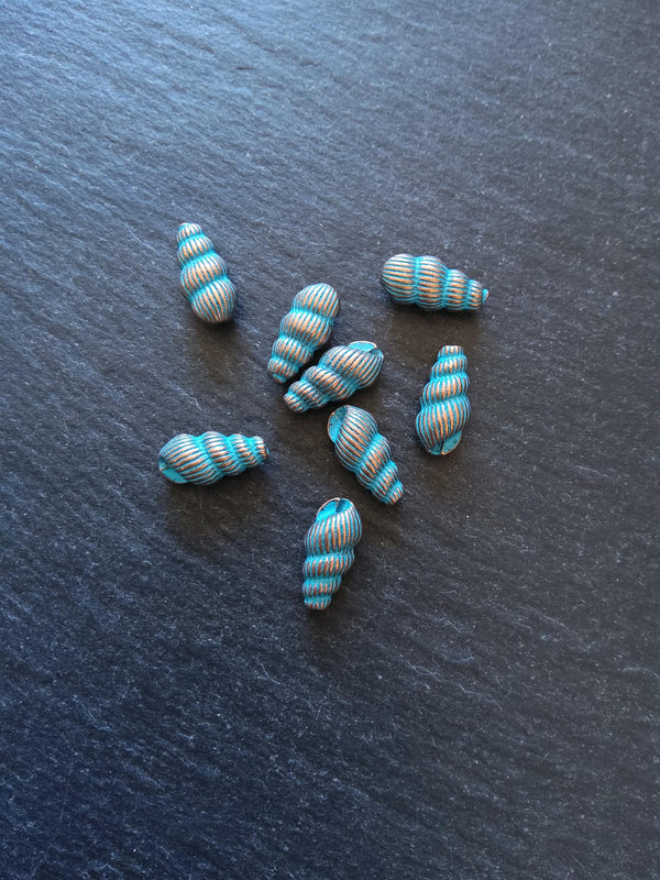 6 or 30 Sea Shell Snail Beads 15x7mm Antique Copper with Blue Patina