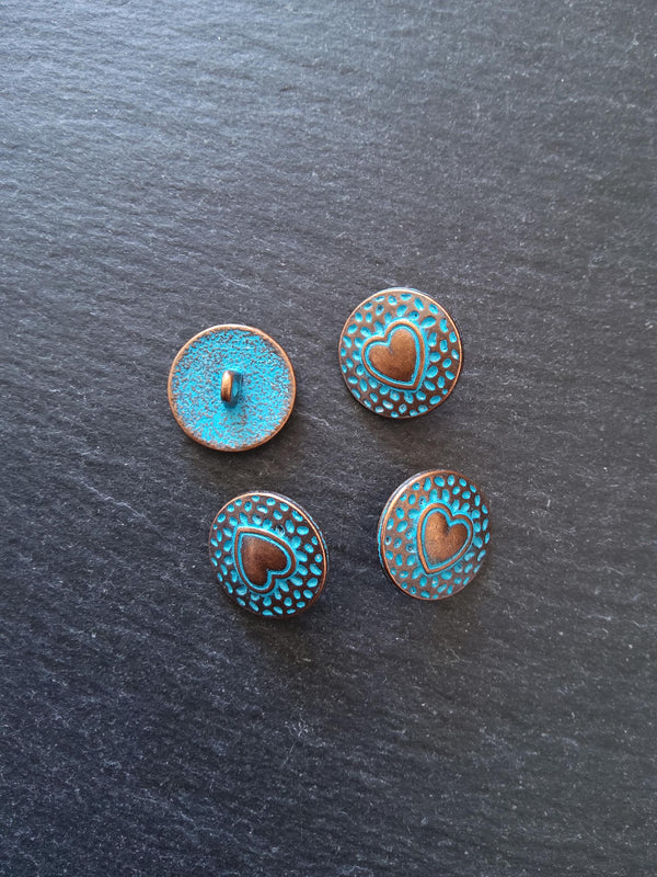 6 or 30 Round Heart Shank Buttons Antique Copper Tone Alloy with Blue Patina 18mm Diameter