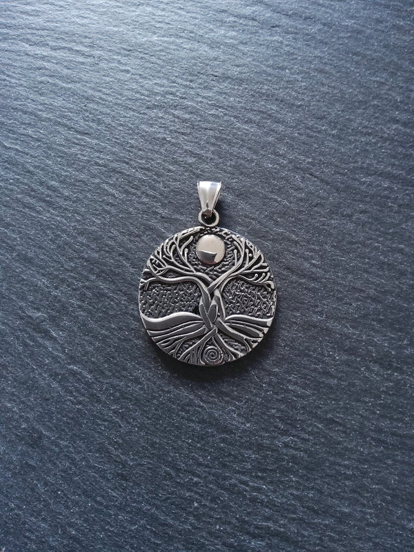 Round Gaia Tree of Life Pendant Stainless Steel Double Sided 42x37x3mm