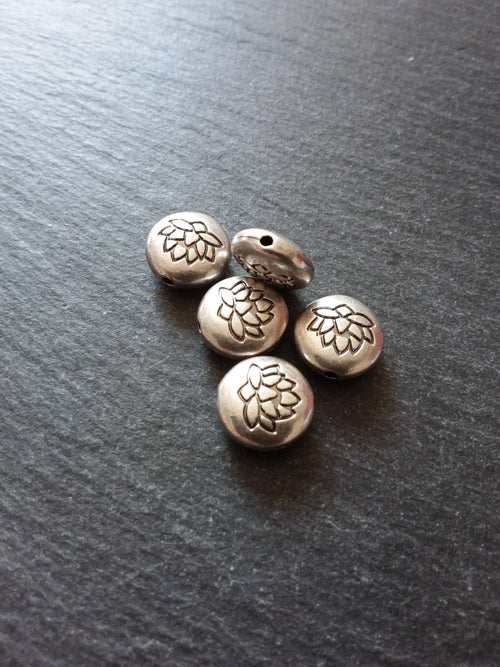 2 or 10 Lotus Beads 14mm Real Antiqued Sterling Silver Plated Flat Round 14x6.5mm Nickel FREE