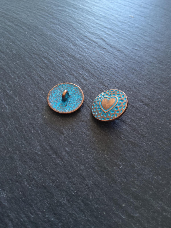 6 or 30 Round Heart Shank Buttons Antique Copper Tone Alloy with Blue Patina 18mm Diameter