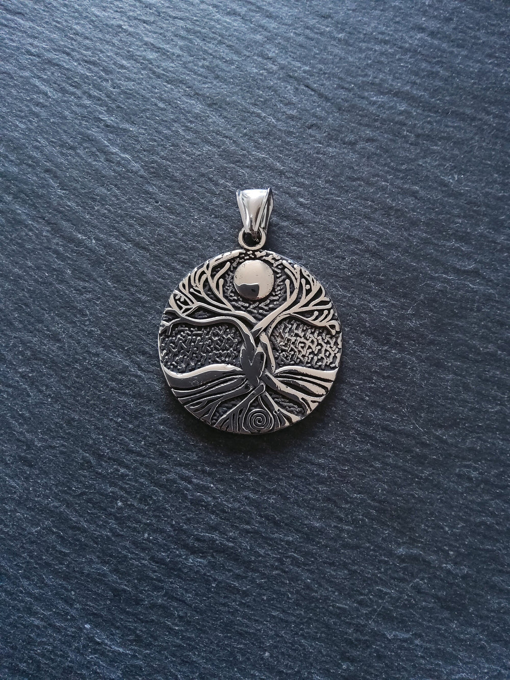 Round Gaia Tree of Life Pendant Stainless Steel Double Sided 42x37x3mm