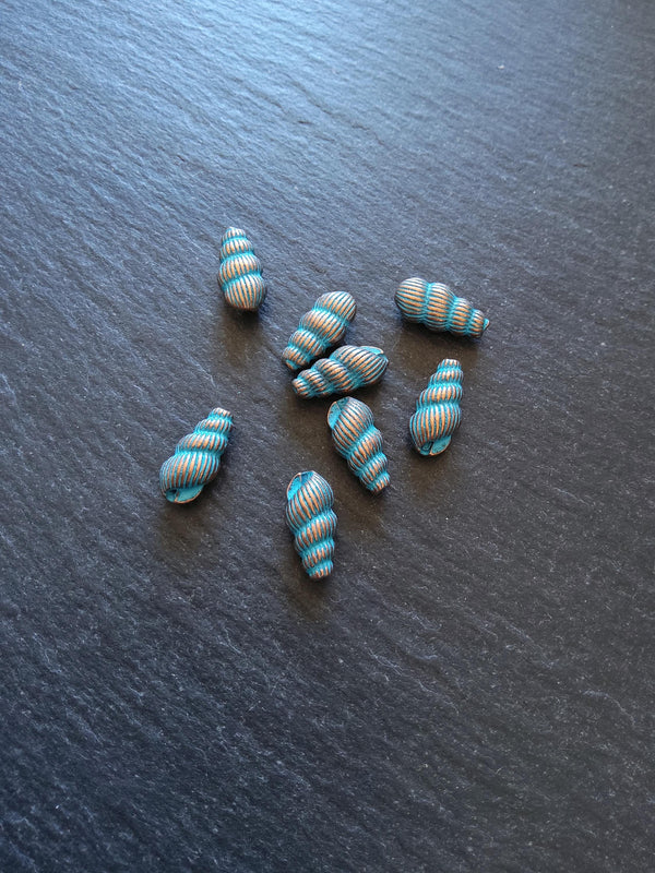 6 or 30 Sea Shell Snail Beads 15x7mm Antique Copper with Blue Patina