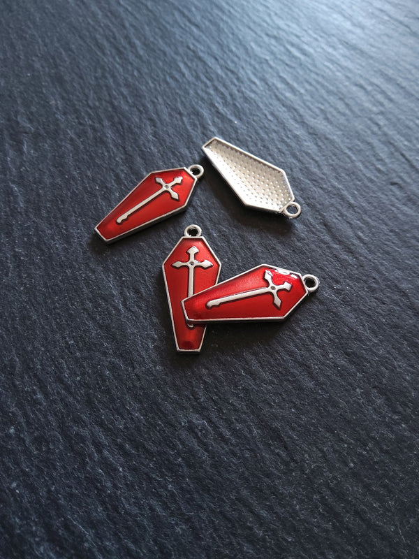 4 or 20 Coffin Shaped Silver Tone Cross Pendant with Red Enamel 26x12mm