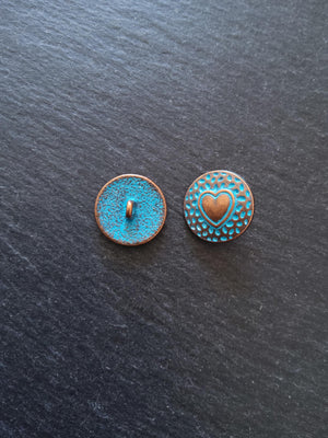 6 or 30 Round Heart Shank Buttons Antique Copper Tone Alloy with Blue Patina 18mm Diameter