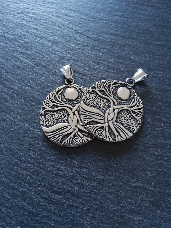 Round Gaia Tree of Life Pendant Stainless Steel Double Sided 42x37x3mm