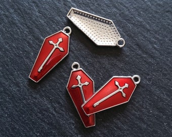 4 or 20 Coffin Shaped Silver Tone Cross Pendant with Red Enamel 26x12mm