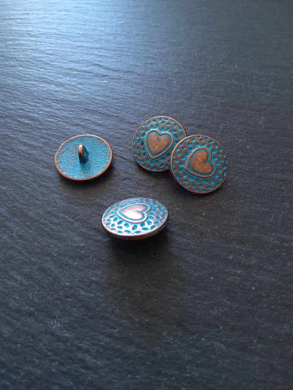 6 or 30 Round Heart Shank Buttons Antique Copper Tone Alloy with Blue Patina 18mm Diameter