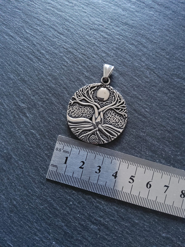 Round Gaia Tree of Life Pendant Stainless Steel Double Sided 42x37x3mm