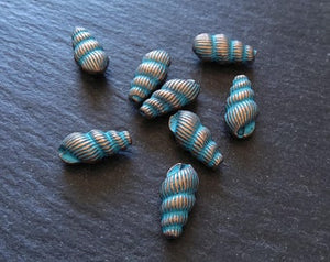 6 or 30 Sea Shell Snail Beads 15x7mm Antique Copper with Blue Patina
