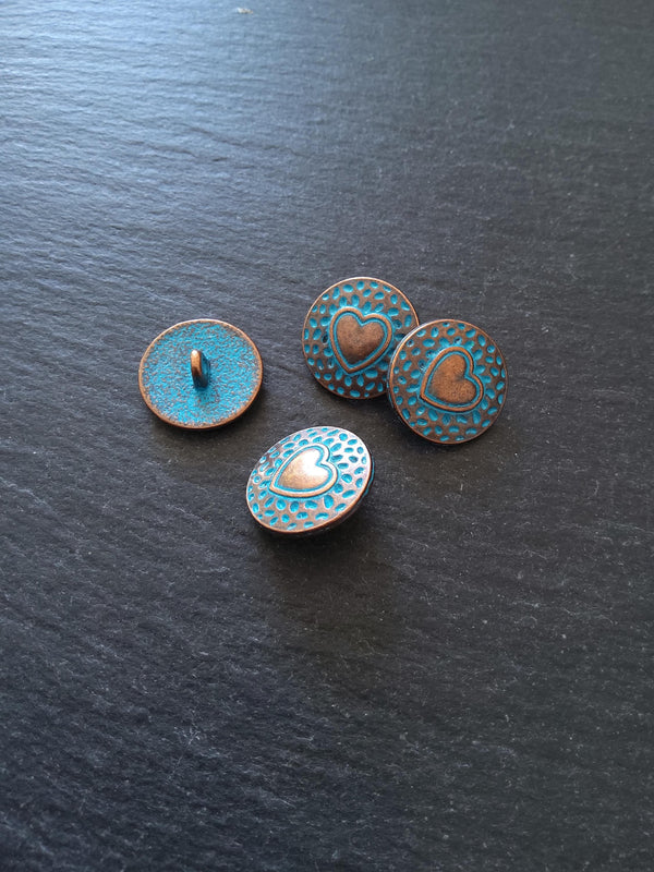 6 or 30 Round Heart Shank Buttons Antique Copper Tone Alloy with Blue Patina 18mm Diameter