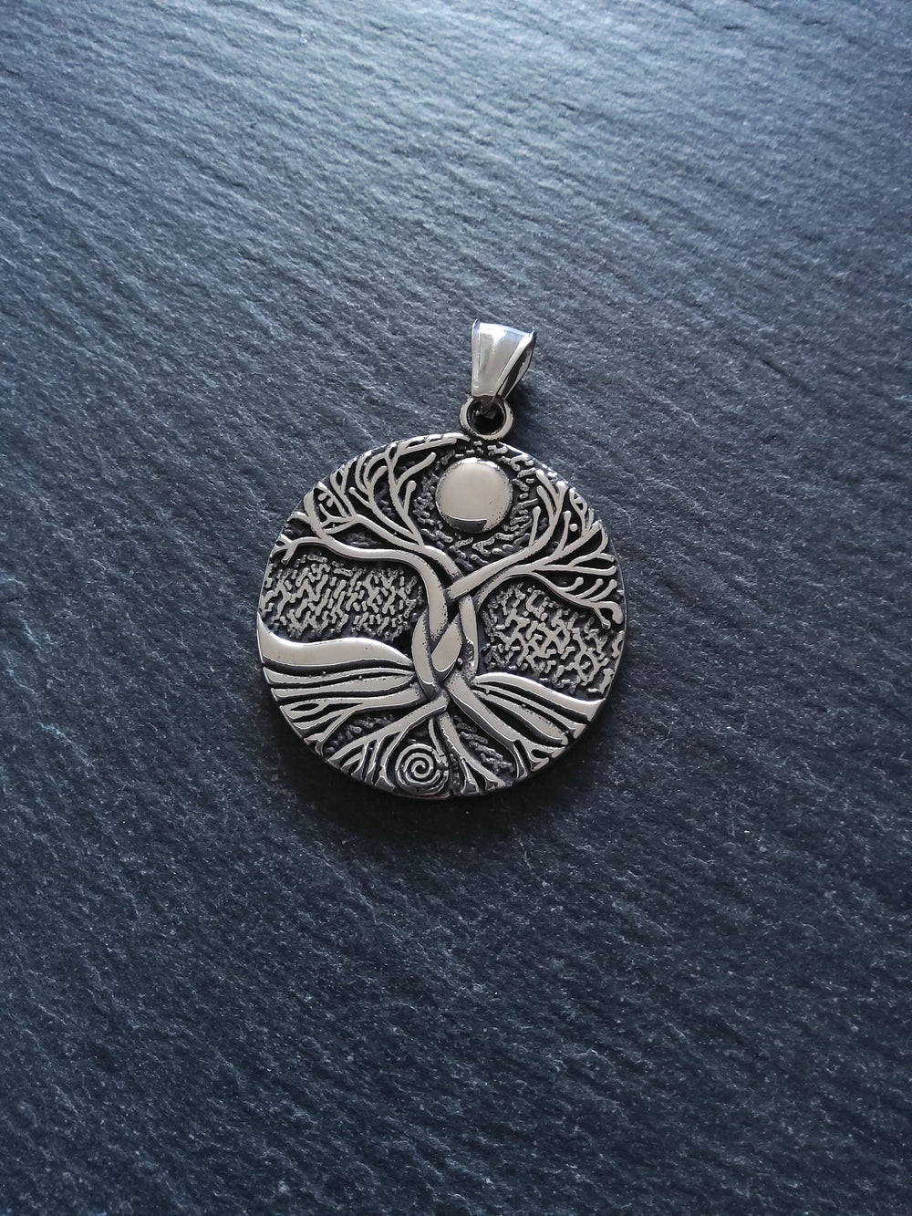 Round Gaia Tree of Life Pendant Stainless Steel Double Sided 42x37x3mm
