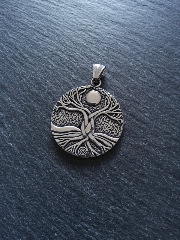 Round Gaia Tree of Life Pendant Stainless Steel Double Sided 42x37x3mm