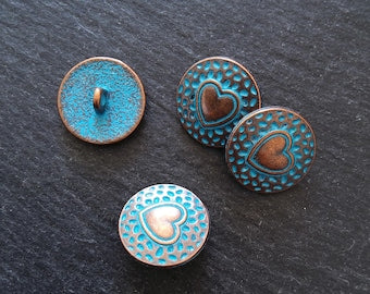 6 or 30 Round Heart Shank Buttons Antique Copper Tone Alloy with Blue Patina 18mm Diameter