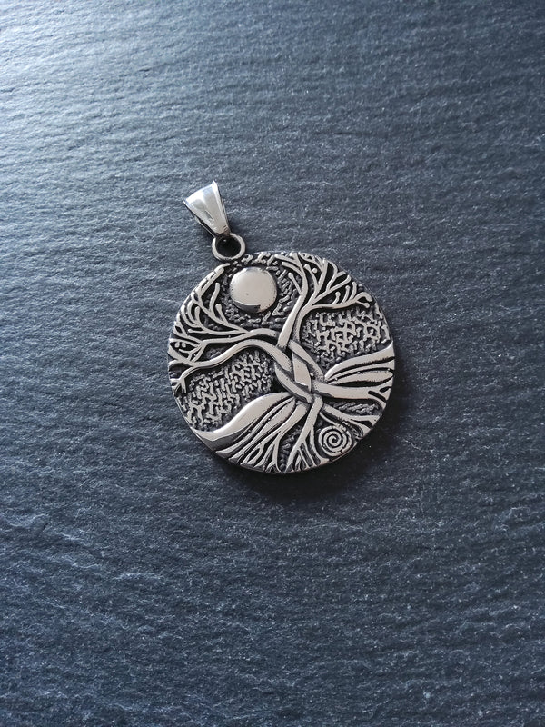 Round Gaia Tree of Life Pendant Stainless Steel Double Sided 42x37x3mm