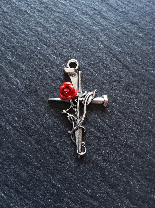 4 or 20 Antique Silver Cross Crucifix Pendants with Red Rose 38x23mm