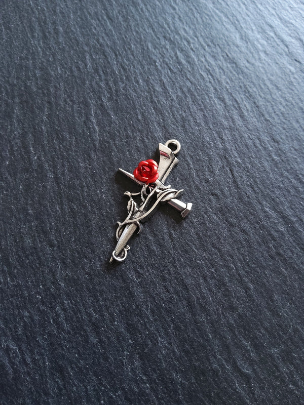 4 or 20 Antique Silver Cross Crucifix Pendants with Red Rose 38x23mm
