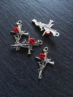 4 or 20 Antique Silver Cross Crucifix Pendants with Red Rose 38x23mm