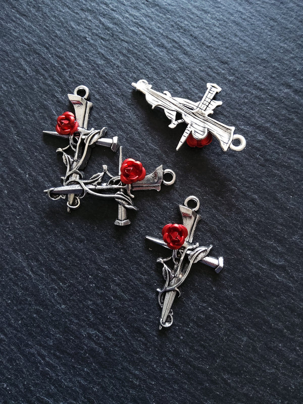 4 or 20 Antique Silver Cross Crucifix Pendants with Red Rose 38x23mm