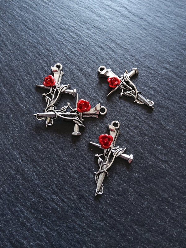 4 or 20 Antique Silver Cross Crucifix Pendants with Red Rose 38x23mm