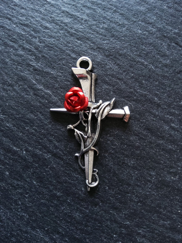 4 or 20 Antique Silver Cross Crucifix Pendants with Red Rose 38x23mm