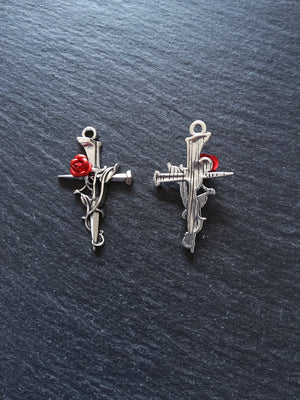 4 or 20 Antique Silver Cross Crucifix Pendants with Red Rose 38x23mm