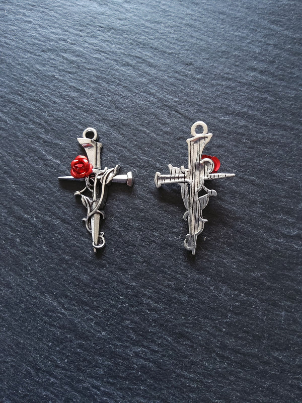 4 or 20 Antique Silver Cross Crucifix Pendants with Red Rose 38x23mm