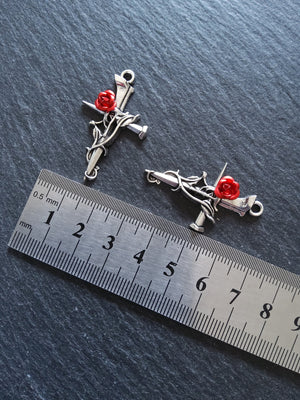 4 or 20 Antique Silver Cross Crucifix Pendants with Red Rose 38x23mm