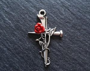 4 or 20 Antique Silver Cross Crucifix Pendants with Red Rose 38x23mm