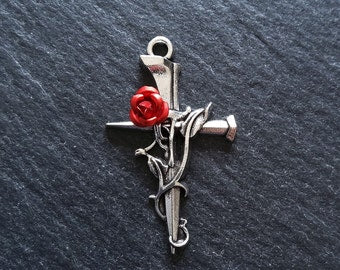 4 or 20 Antique Silver Cross Crucifix Pendants with Red Rose 38x23mm