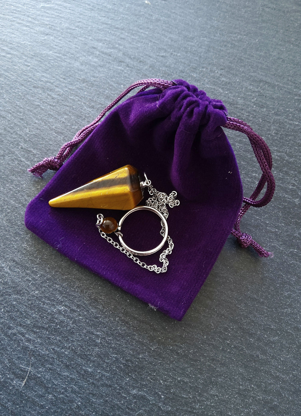 Dowsing Pendulum Natural Tigers Eye Faceted Cone with Velvet Pouch