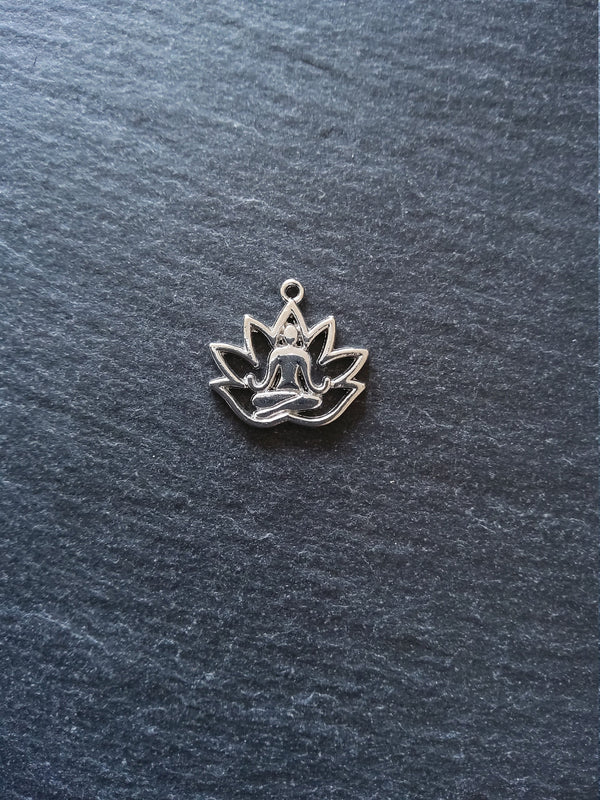 10 or 50 Antique Silver Tone Lotus Flower Meditation Yoga Charms 18x17mm
