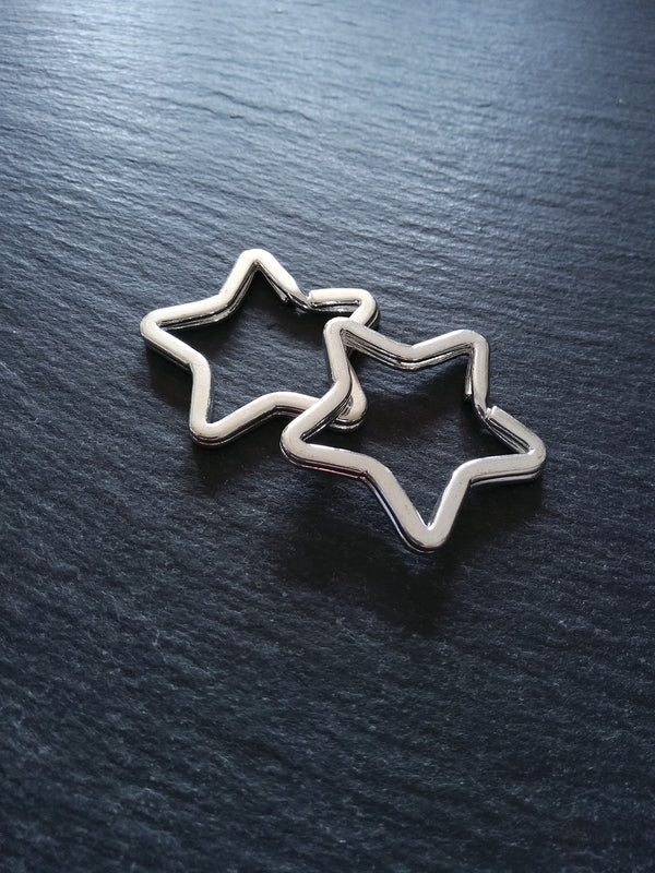 2 or 10 Star Shaped Keyring Rings Bright Silver Plated 34x33mm