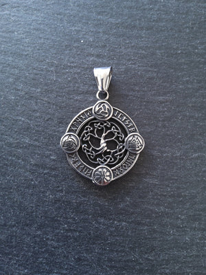 Round Viking Symbol Pendant with Tree of Life Stainless Steel 38x33mm
