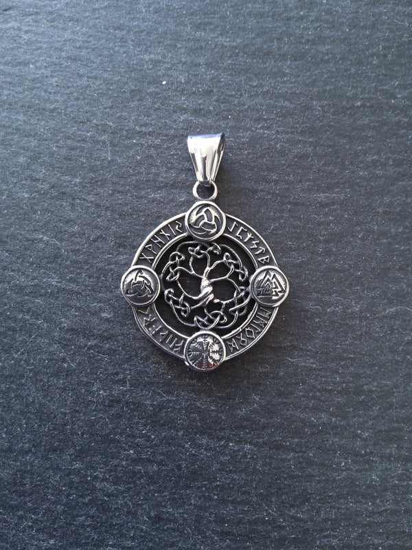 Round Viking Symbol Pendant with Tree of Life Stainless Steel 38x33mm