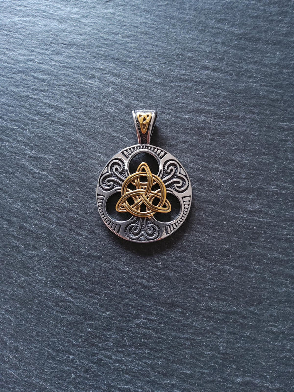 Stainless Steel Trinity Celtic Knot Silver & Gold Large Pendant 45x33x8mm