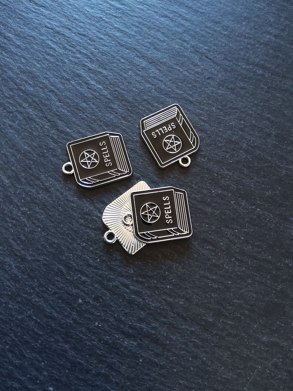 4 or 20 Spell Book Charms Silver Tone Alloy & Black Enamel 22x17mm