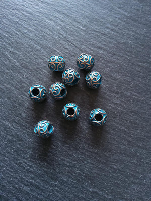 4 or 20 Patterned 10mm Ball Beads Antique Copper Tone Alloy with Blue Patina. 11x10mm Hole: 4.4mm