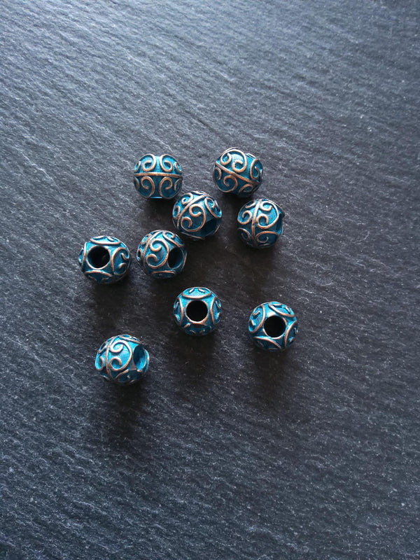 4 or 20 Patterned 10mm Ball Beads Antique Copper Tone Alloy with Blue Patina. 11x10mm Hole: 4.4mm