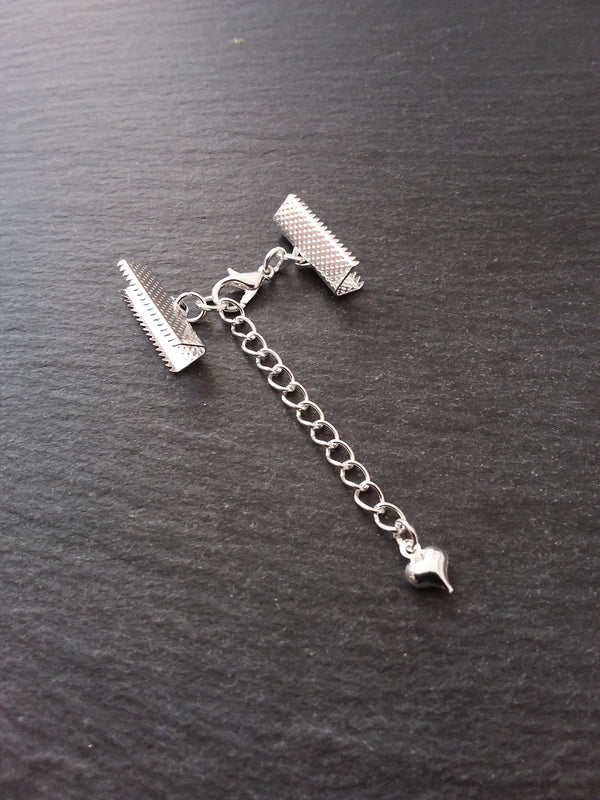 5 Silver Plated Crimp End Sets for 25mm (1") Ribbon with HEART Extender Chain