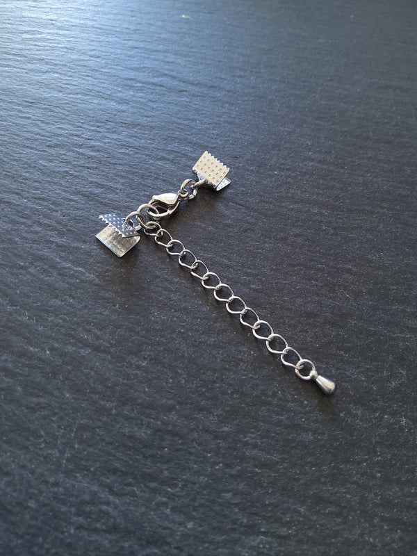 5 or 25 Patterned Stainless Steel Crimp End Sets for 8mm (5/16 inch) Ribbon with Extender Chain