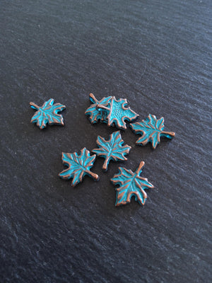 10 or 50 Antique Copper Tone Maple Leaf Charms with Blue Patina 17x13mm