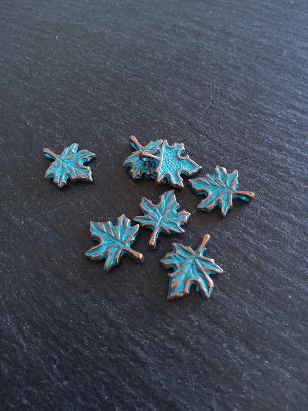 10 or 50 Antique Copper Tone Maple Leaf Charms with Blue Patina 17x13mm