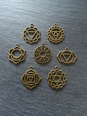 1 Full Set of The Seven Chakras Pendants in Antique Bronze Tone Metal Alloy average 30x25mm